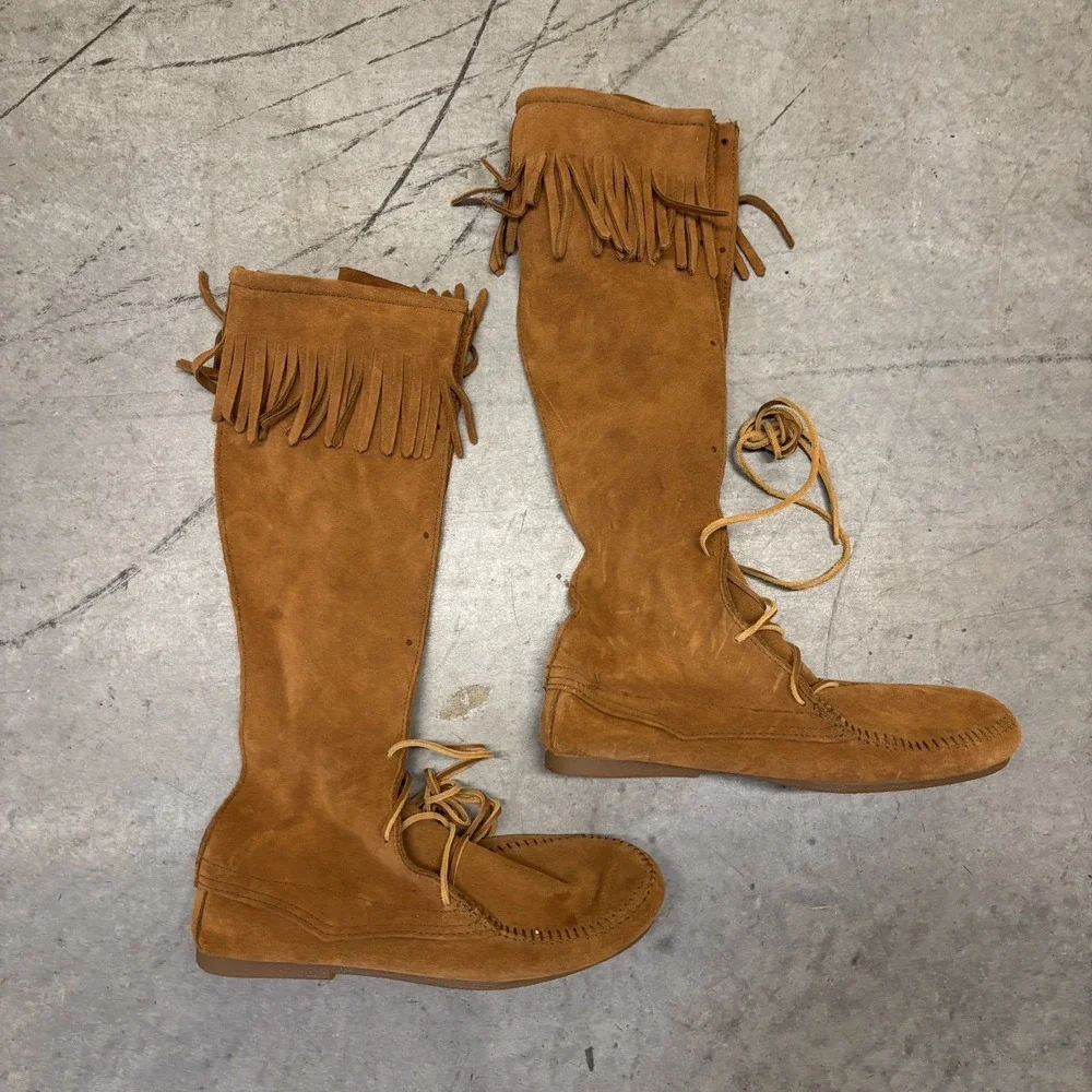 Minnetonka Front Lace Knee High Boots Men's 10 Brown 1922 Renfaire Festival